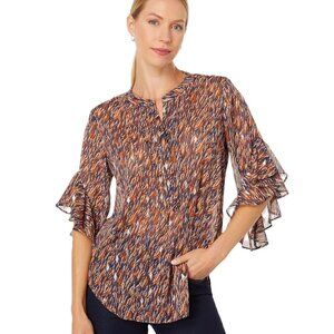 Vince Camuto Blouse Flutter Sleeves XS Navy Rust Gold Metallic